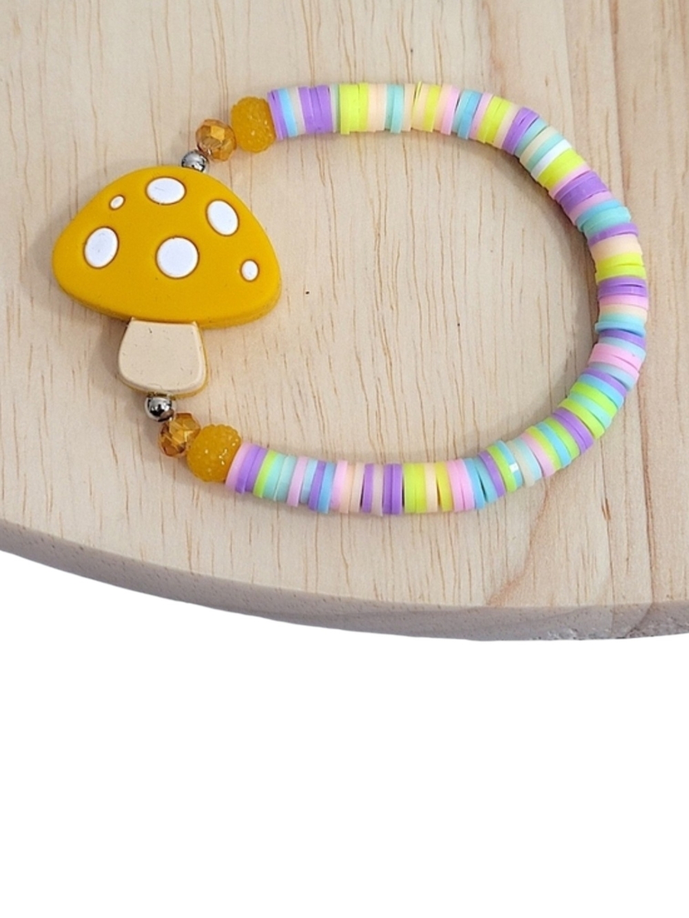 Hand Crafted Mushroom Beaded Bracelet Clay Beaded for Kids Size Approx 7"